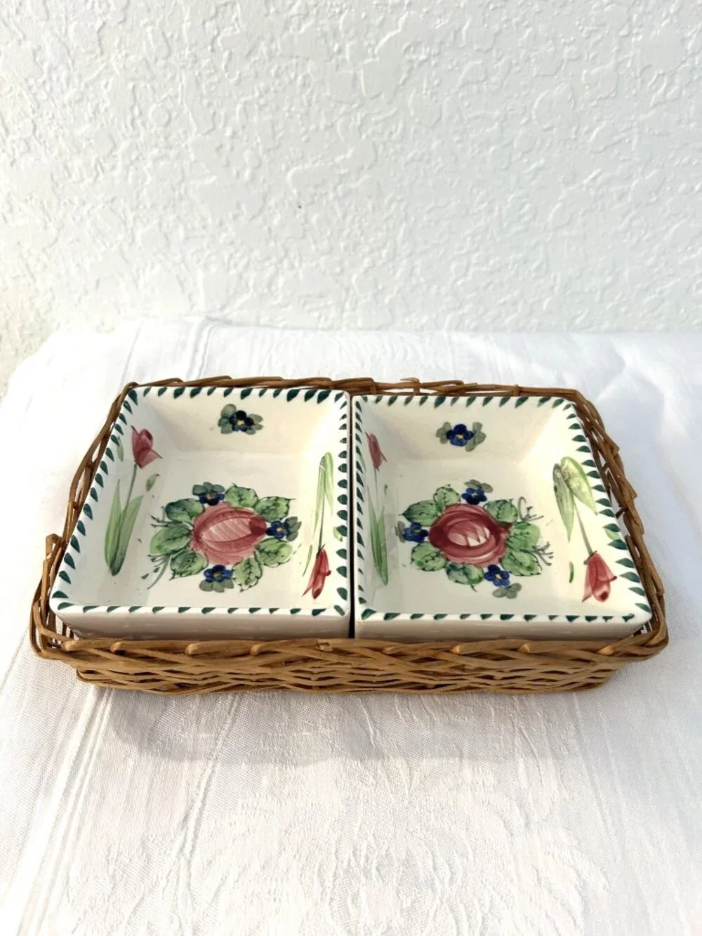Vintage Oftriart Porcelain Floral Bowls W/Basket, 3 Pcs